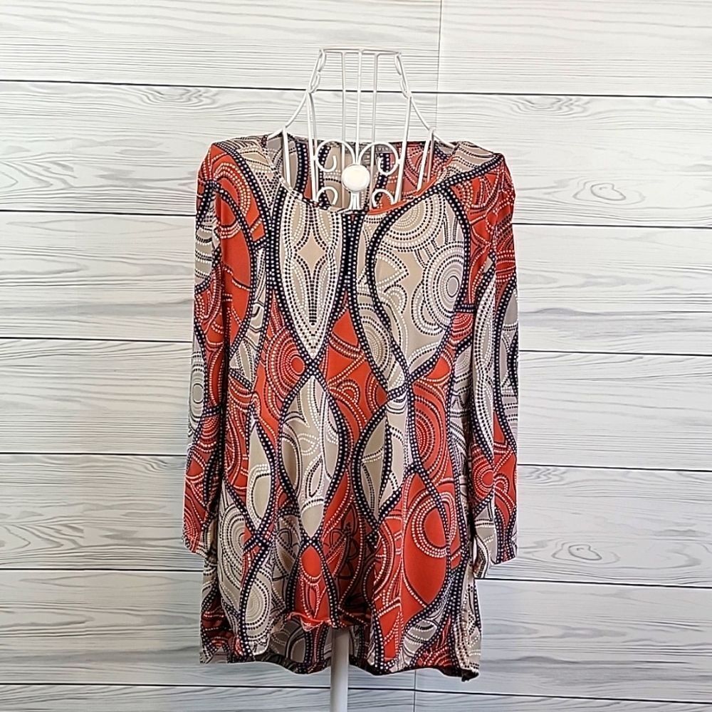 Valerie Stevens terracotta orange and beige tunic blouse Women's Size M